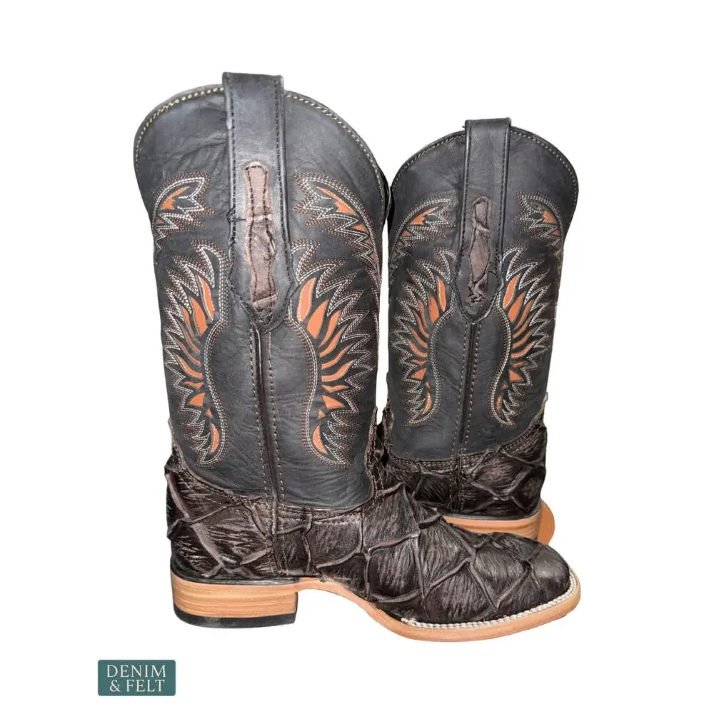 NEW Ranch Industry Pirarucu Fish Leather Cowboy Boots Dark Brown‎ Western Size 7